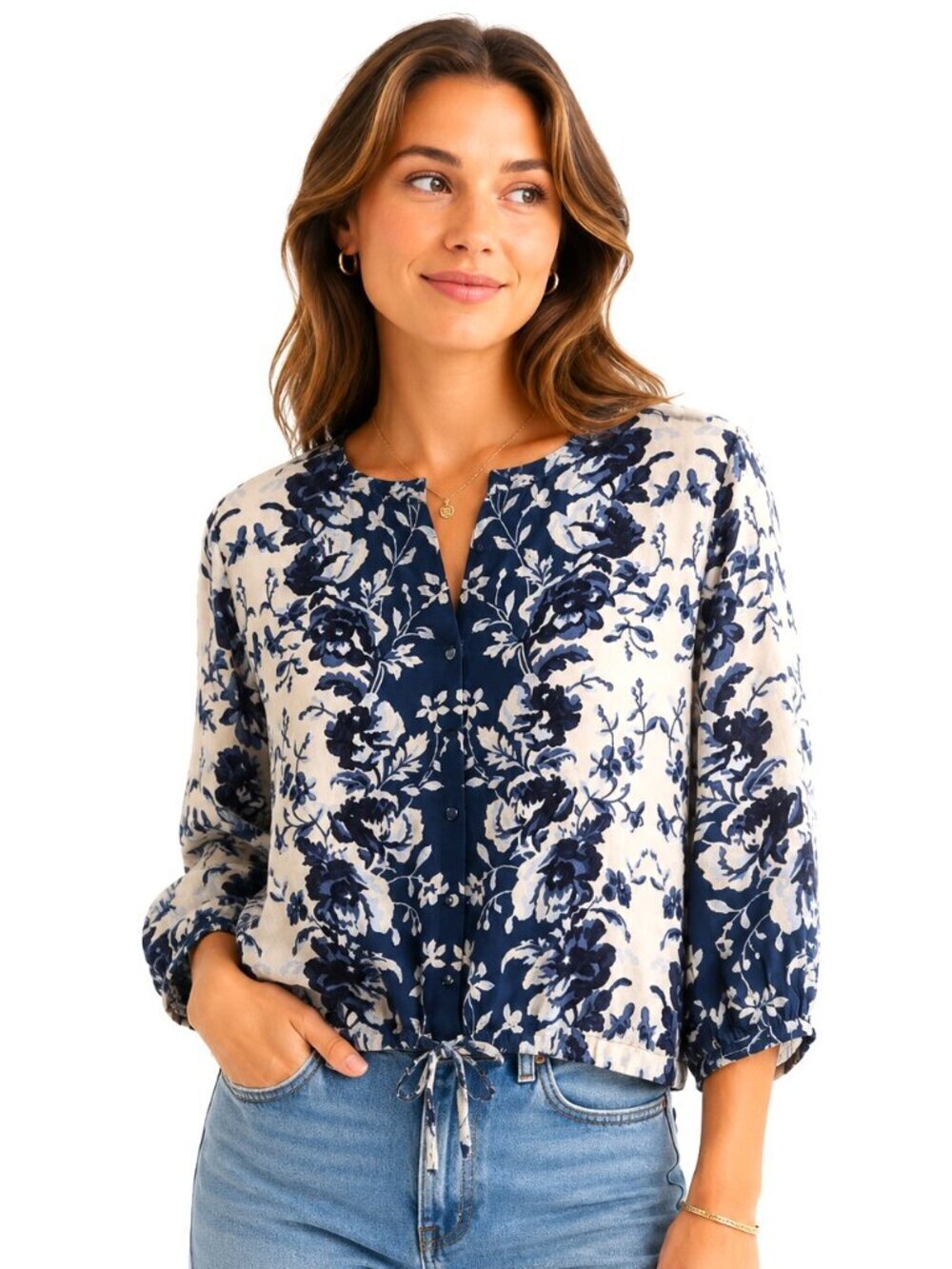 Tuckernuck Blue Cream Floral Horizon Blouse NWT